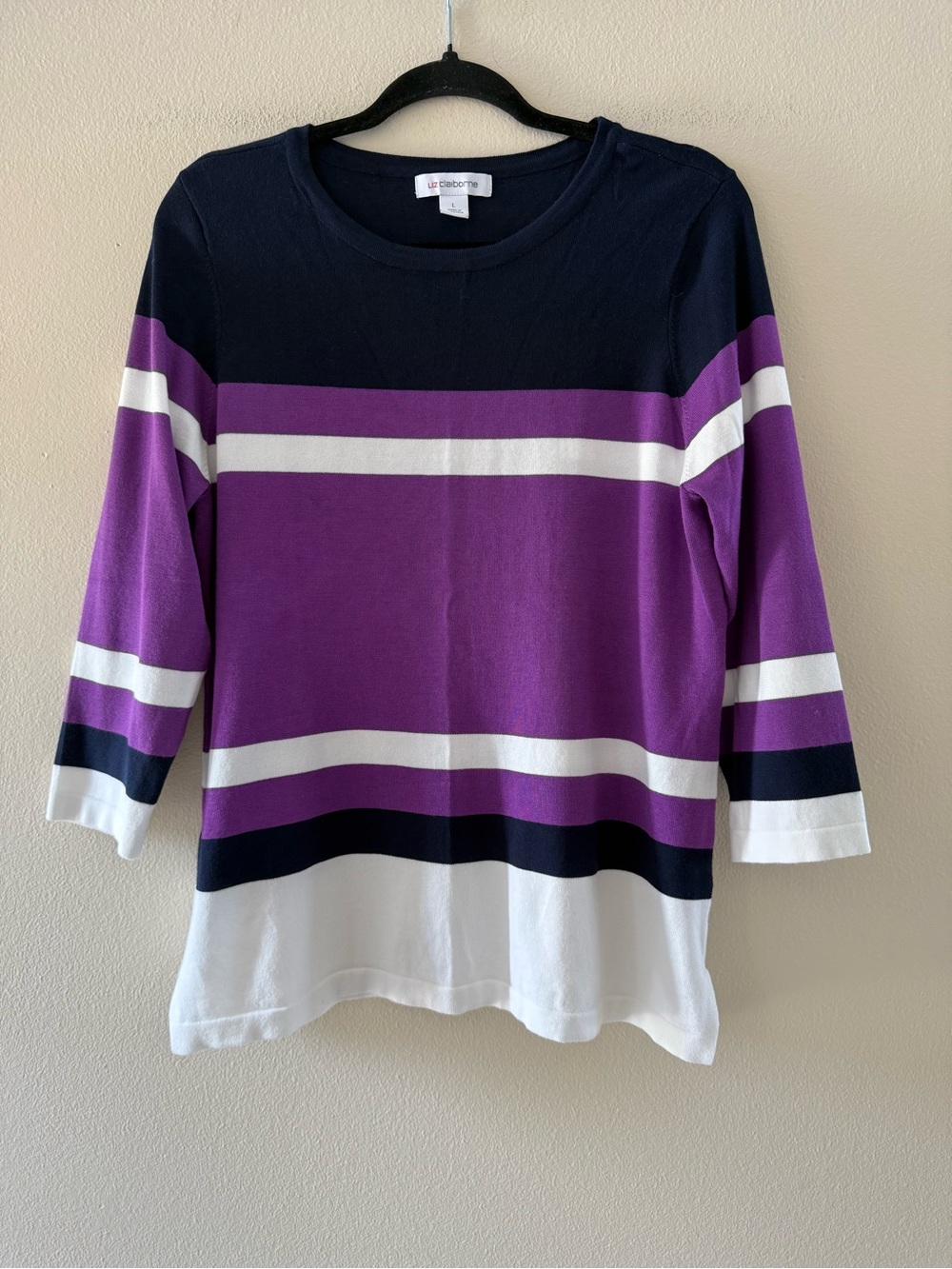 Liz Claiborne Purple Navy White Striped Crew Neck Sweater 3/4 Sleeve